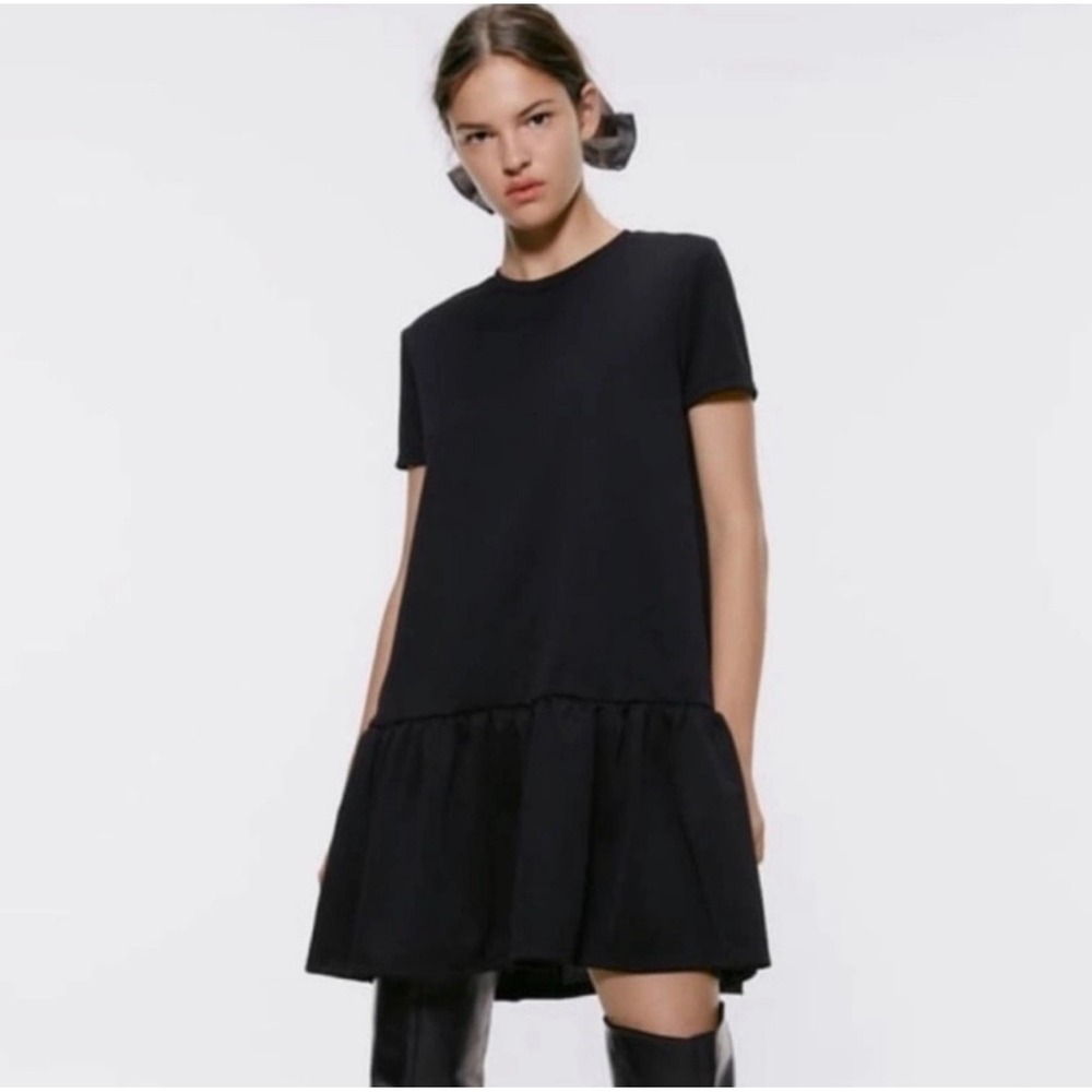 Zara Ruffle Drop Waist Dress XL Black  Short Sleeve Shift LBD new